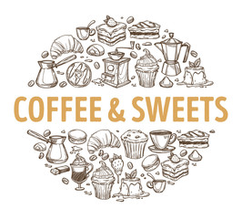 Coffee and sweets, hot drinks and desserts sketch emblem