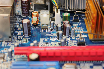 Closeup of electronic circuit board or PCB printed circuit board