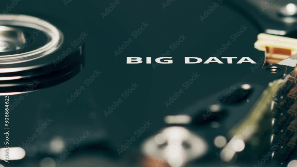 Poster moving head of computer hard disk drive reveals big data text