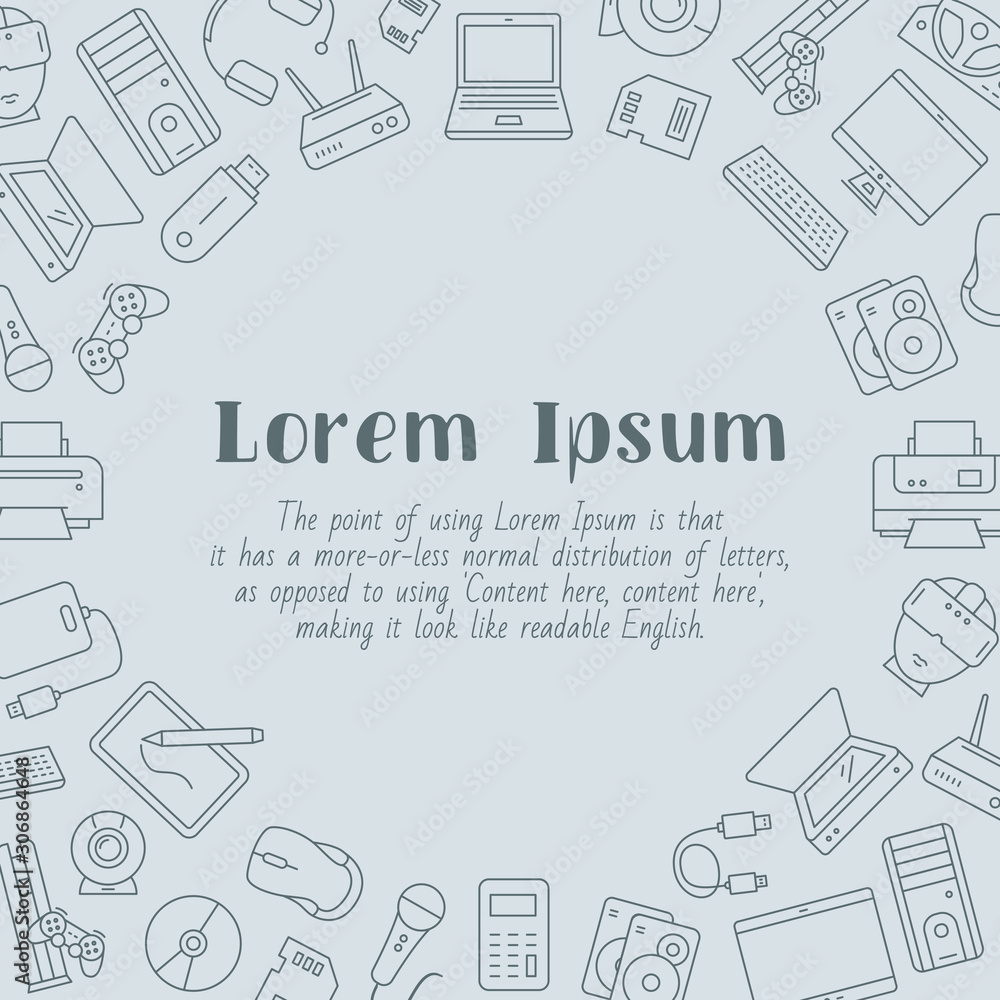 Fototapete Electronic devices card with text and vector outline illustrations of technique and computer for graphic design