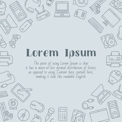 Electronic devices card with text and vector outline illustrations of technique and computer for graphic design