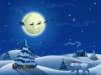 Christmas greeting card.  Santa Claus in a sleigh with reindeers flies on the background of the Moon and stars. White bear in Christmas hat walks towards the Christmas tree to pick up gifts, presents.