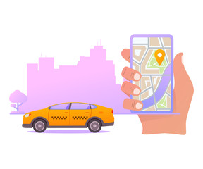 Fototapeta na wymiar Online taxi order mobile application concept.Hand holding smart phone app on display map. Yellow cab city silhouette with skyscrapers.Flat illustration vector.