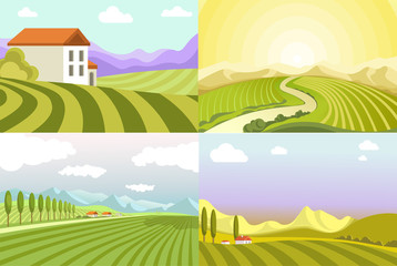 Landscapes of countryside, fields and cottage houses, rural valleys