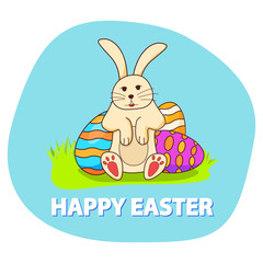 Rabbit easter painted eggs.Hare cartoon character.Festive holiday banner flat vector.Festive banner.