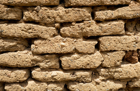 Background of old wall made of adobe or mudbrick masonry