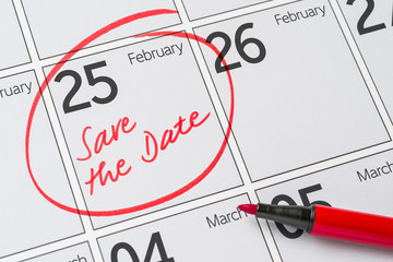 Save the Date written on a calendar - February 25