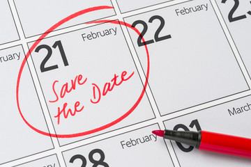 Save the Date written on a calendar - February 21