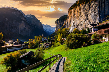 Famous Lauterbrunnen valley with gorgeous waterfall and Swiss Alps, Switzerland. © Anton Petrus