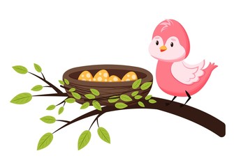Cute bird on a branch near the nest with eggs. Spring greeting card in cartoon style. Template for greeting card, print for clothes, for newborns. Isolated on white background.