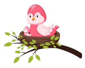 Cute bird in the nest with a chick. Spring greeting card in cartoon style. Template for greeting card, print for clothes, for newborns. Isolated on white background.