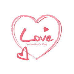 Hand drawn pink heart shapes with Love and Valentine's day texts