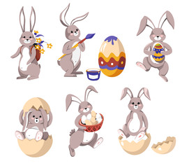 Easter bunny or rabbit with eggs and flowers isolated icons