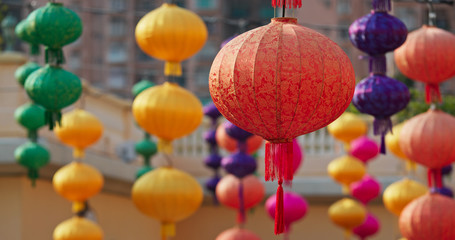 Fototapeta na wymiar Colorful chinese style lantern hanging outdoor for mid autumn festival