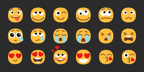 Emoji set. Joyful, sad and love emoticons. Yellow emotional faces. Vector smily symbols collection