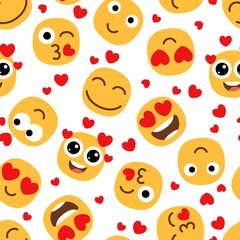 Love emojis seamless pattern. Cute happy emoticons background. St Valentine day vector texture