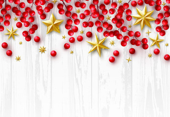 Vector Christmas Background with Realistic Decoration of Red Holly Berry Branches