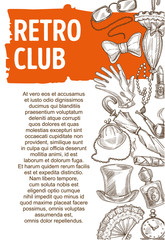 Retro club sketch poster, vintage accessories and decor