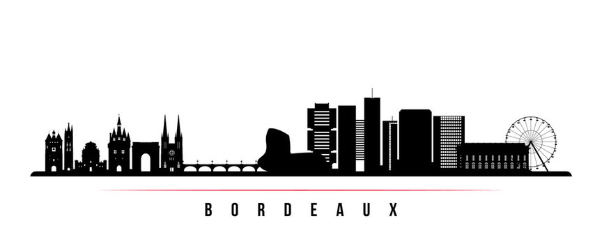 Bordeaux skyline horizontal banner. Black and white silhouette of Bordeaux, France. Vector template for your design.