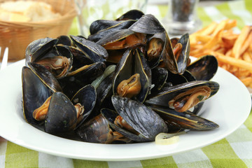 plate of mussels and fries on a table