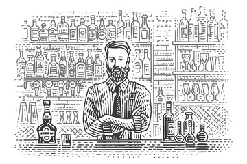 Bartender at bar counter with different bottles of drink on background line drawing. Vector. 2 layers. 