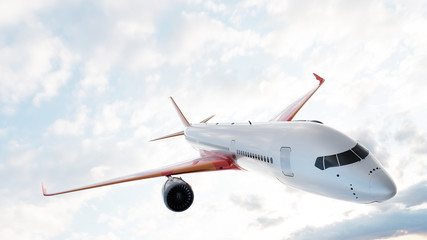 Commercial airplane flying on sunny blue sky.