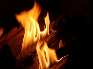 Close up of flames leaping from a burning log in a fireplace