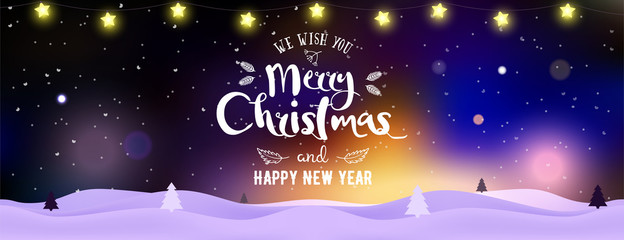 Christmas and New Year typographical on background with winter landscape with Northern Lights, snowflakes, light, stars and garland. Xmas banner. Celebrate party Poster, landing page, greeting card.