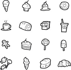 The desserts doodle icon set.
