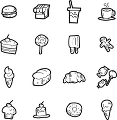 The desserts doodle icon set.