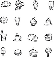 The desserts doodle icon set.