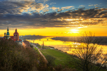 Fototapeta na wymiar Old town of Grudziadz and the Vistula River at sunset. Kuyavian-Pomeranian Voivodeship, Poland.