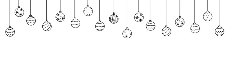 Christmas and New Year background with Hanging simple outline Christmas Balls