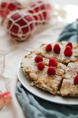 Apple pie with raspberries. Rustic style and zero waste concept.