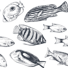 Vector monochrome seamless sea pattern with tropical fish. Underwater world.