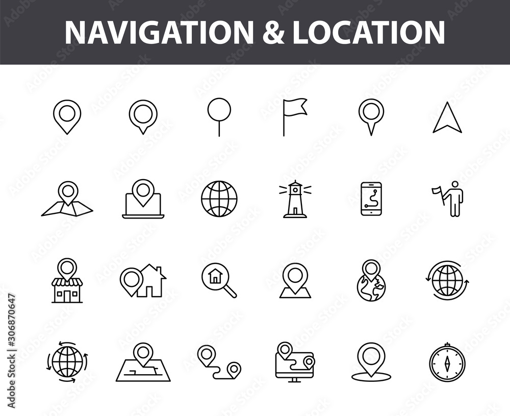 Poster set of 24 navigation and location web icons in line style. gps, compass, global, marker, map, pointe