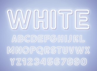 Neon rounded red white, glowing alphabet with numbers on light background.
