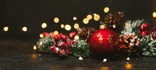 Fototapeta na wymiar Traditional Christmas decoration, festive or holiday greeting card. Happy New Year congratulations.