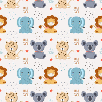 Seamless Pattern with baby wild animals in the white backdrop