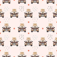 Wallpaper murals Animals in transport Seamless Patter with cute leopard driving a car in the white backdrop