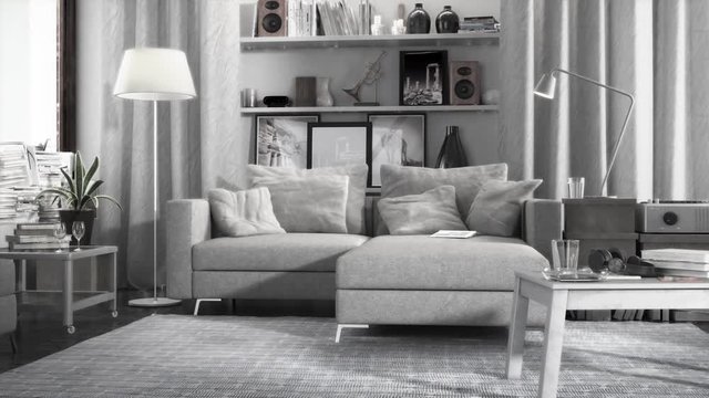 Contemporary and comfortable - black and white 3d visualization of an apartment