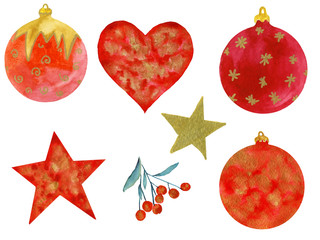 Set of bright red Christmas decorations. Watercolor red and gold star, heart, balls and twig with red berries. Hand drawn illustration on white background isolated. Christmas design elements