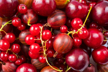 Background of red currants, gooseberries and cherries. Fresh berries closeup. Top view. Background of red berries. Various fresh summer fruits. Red raspberries.