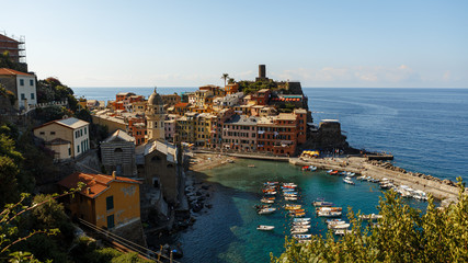 View of the beautiful colorful buildings in Chinque Terre, Italy. Cinque Terre old seaside villages on the rugged Italian Riviera coastline