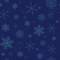 Fototapeta na wymiar Seamless winter pattern with white snowflakes on a blu background. Winter vector illustration for fabric, paper, wallpaper.