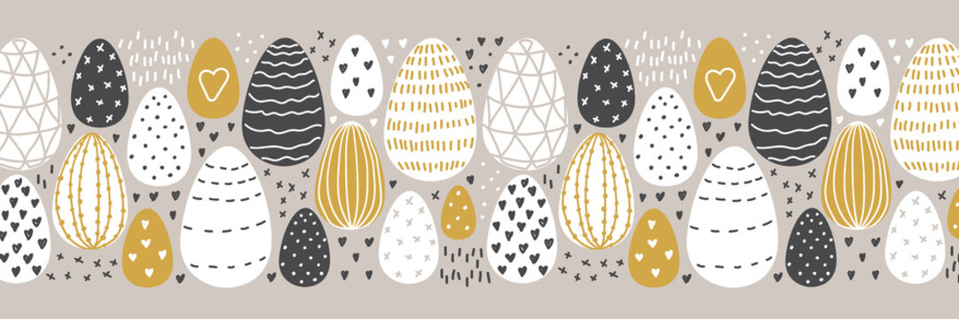 Cute Scandinavian Easter Eggs collection horizontal background with hand drawn textures and decoration elements