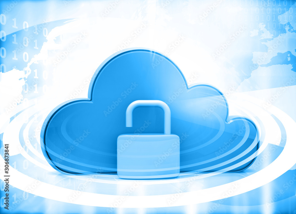 Poster cloud security systems. cloud with opened padlock on technology background. 3d illustration.