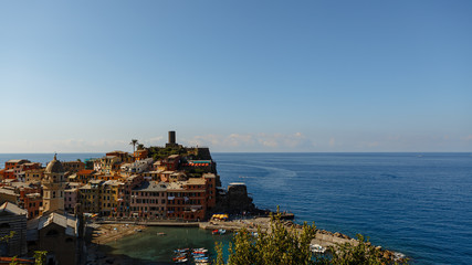 View of the beautiful colorful buildings in Chinque Terre, Italy. Cinque Terre old seaside villages on the rugged Italian Riviera coastline