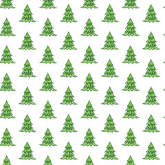 Seamless pattern of hand drawn Christmas trees. Marker green fir tree illustrations. Christmas background. Perfect for textile, posters, postcards, paper