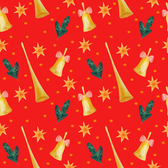 Christmas seamless pattern. Elements in watercolor on red background.
